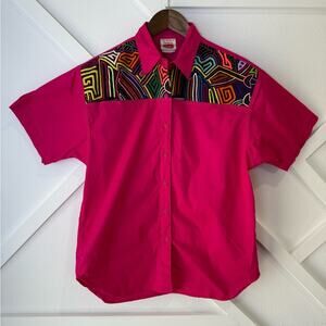 Vintage My Name Is Panama Pink Neon Abstract Embroidered Button Front Shirt Sm